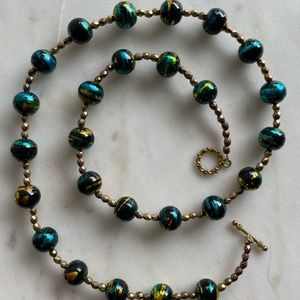 Necklace-Blue, Green, Gold, Yellow, 27 inches long